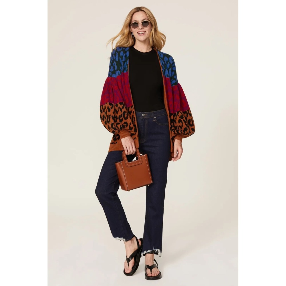 Farm Rio Womens XS Leopard Colorblock Open Front Cardigan Balloon Sleeve Knit‎